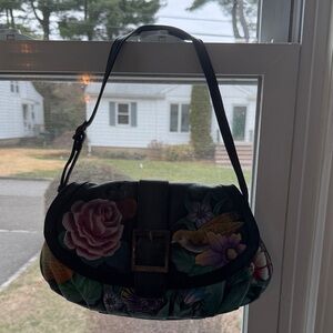 Floral Embroidered Shoulder Bag - Black with Multicolor Floral Accents